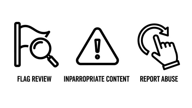 Content moderation icons: flag review inappropriate content report abuse with magnifying glass line art moderation inappropriate triangle exclamation illustration security violation guideline