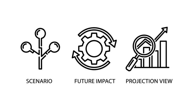 Scenario planning future impact gears projection view icons with scenario planning projection strategy analysis graphics illustrations business management workflow development progress