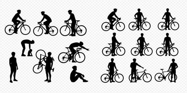 Collection of various cyclist silhouettes in different poses, including riding, standing, and carrying bicycles, isolated on a transparent background.