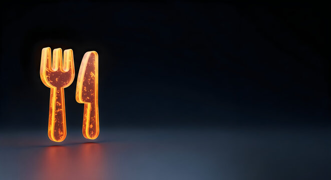 3d render of a glowing orange fork and knife icon