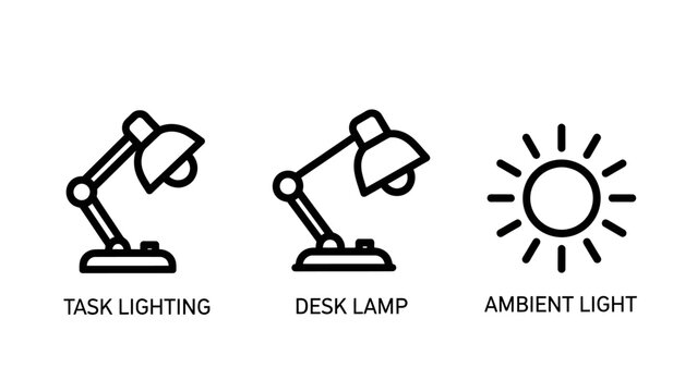 Desk lamp task lighting ambient light icons with light source lighting fixture desk accessory lighting control study area home office lighting illustration interior illumination brightness