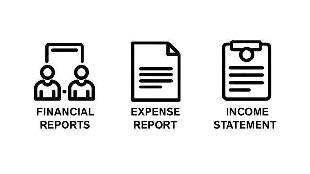 Financial reports expense report income statement icons with balance sheet cash flow account management financial statement business accounting document analysis management performance