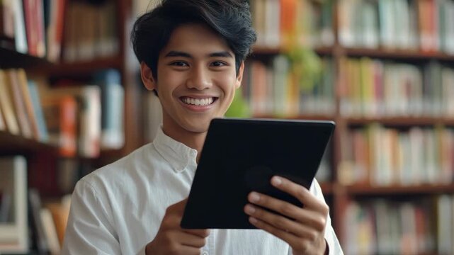 Young man smiling and using electronic device in library setting with bookshelves in background.