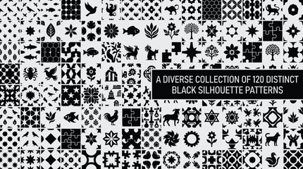 Fototapeta premium Diverse collection of 120 distinct geometric and nature silhouette puzzle pieces