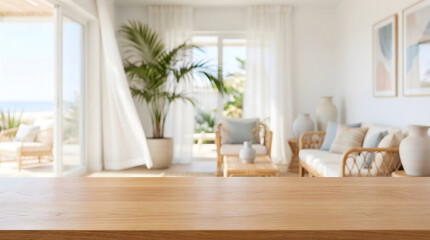 Fototapeta premium Empty wooden tabletop background with blurred bright coastal living room interior for product display mockup
