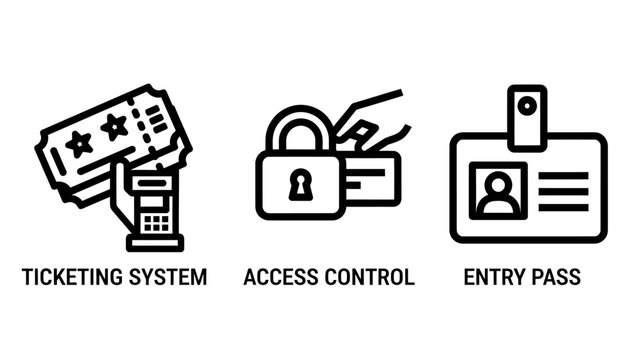 Ticketing system access control entry pass icons with ticketing identification security verification authentication permission entrance validation credential document recognition restaurant