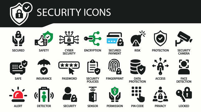 Modern security company icons with services illustration set