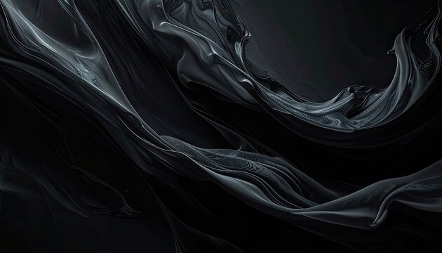 A captivating abstract image showcases swirling, dark gray and black forms resembling liquid silk or flowing fabric, creating a sense of dynamic movement and subtle texture.