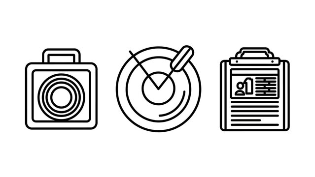 Business goal achievement target tracking documentation management icon set with business achievement tracking documentation management objective strategy accuracy clipboard information
