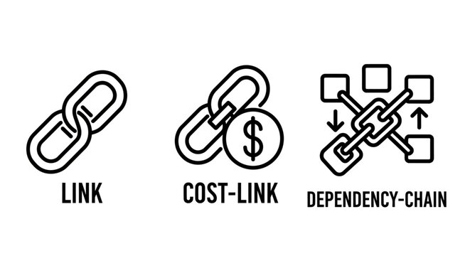 Interconnected chain link icons: link cost link dependency chain concepts for business and technology connection dependency relationship internet technology security strength integration
