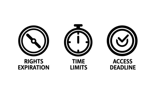 Time-sensitive information icons: rights expiration time limits access deadline management visuals for digital systems expiration deadline management licensing stopwatch restrict contract