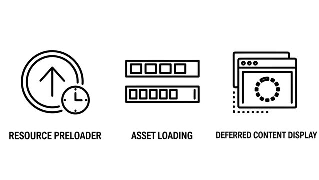 Web performance optimization icons: resource preloader asset loading deferred content display status visuals for digital interfaces resource preloader deferred performance optimization