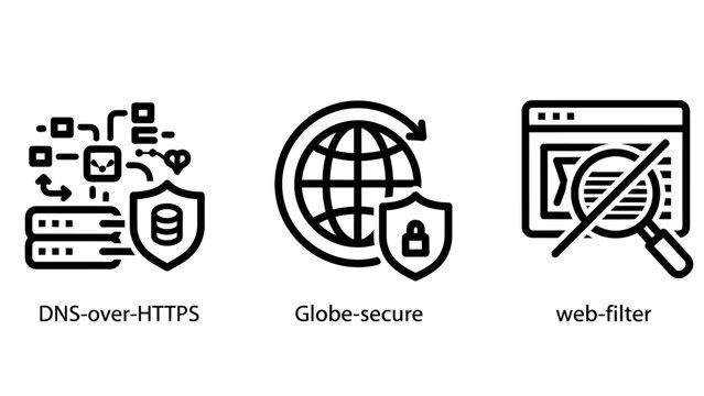 Cybersecurity and internet protection icons set with dns-over-https global secure web filter internet security globe secure network security data protection secure connection digital safety