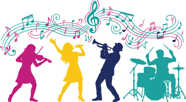 Vibrant Colorful Silhouette Set of Musical Performers Including Violinist, Vocalist, Trumpeter, and Drummer with Decorative Swirling Music Notes for Live Entertainment and Festival BrandingVibrant Col