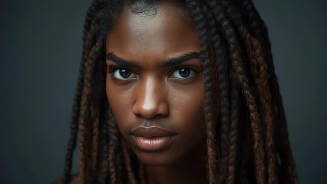 Young portrait of woman with braided hair looking thoughtful and concerned, studio braid portrait