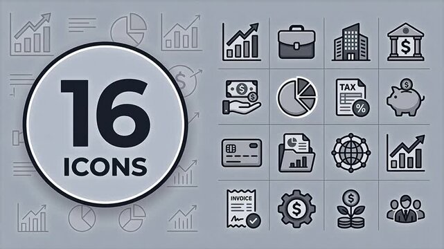 Business finance icons on gray background representing visionary leadership and market dominance