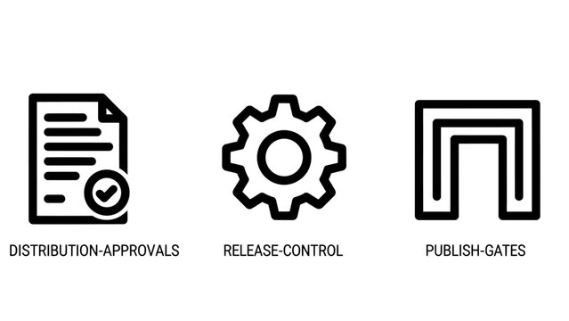 Process management icons for distribution approvals release control publishing gates with entry point distribution approvals document checkmark management workflow authorization validation