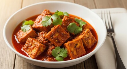 Fototapeta premium Delicious chicken curry in a white bowl with utensils