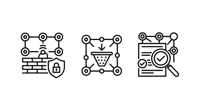 Network security and data filtering icon set featuring firewall protection web traffic funnel filter and document audit compliance security firewall protection internet technology connectivity