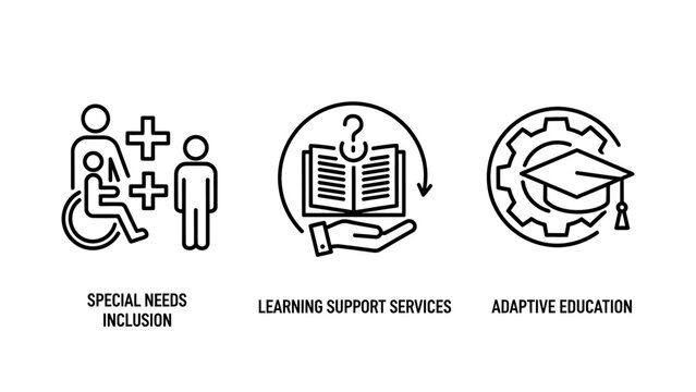 Inclusive education and special needs support icons set featuring wheelchair access book symbols and adaptive learning gears for schools universities and diverse educational programs, education