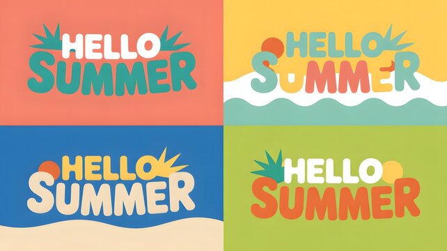 Hello summer colorful text banners with decorative sunburst elements  various designs