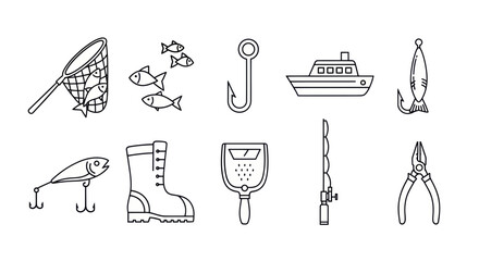 Fishing Icons Set: Net, Fish, Hook, Boat, Lure, Boot, Scale, Rod, Pliers © tempe