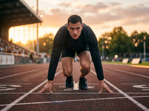An athletic male runner in sportswear trains at a stadium getting ready at the starting line