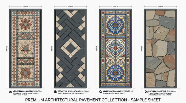 Architectural pavement collection with 4 vector samples, Mediterranean mosaic and geometric interlocking walkway designs, natural flagstone paving textures