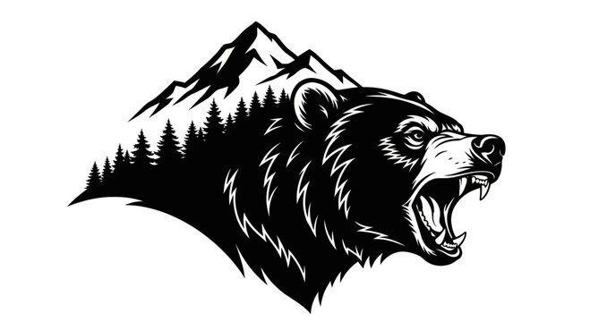 Aggressive Bear Head with Mountain and Forest Silhouette - Vector Illustration