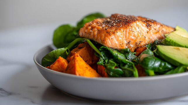Healthy Salmon Bowl with Roasted Sweet Potato, Fresh Spinach, and Sliced Avocado. Nutritious Home Cooked Meal for a Balanced Diet