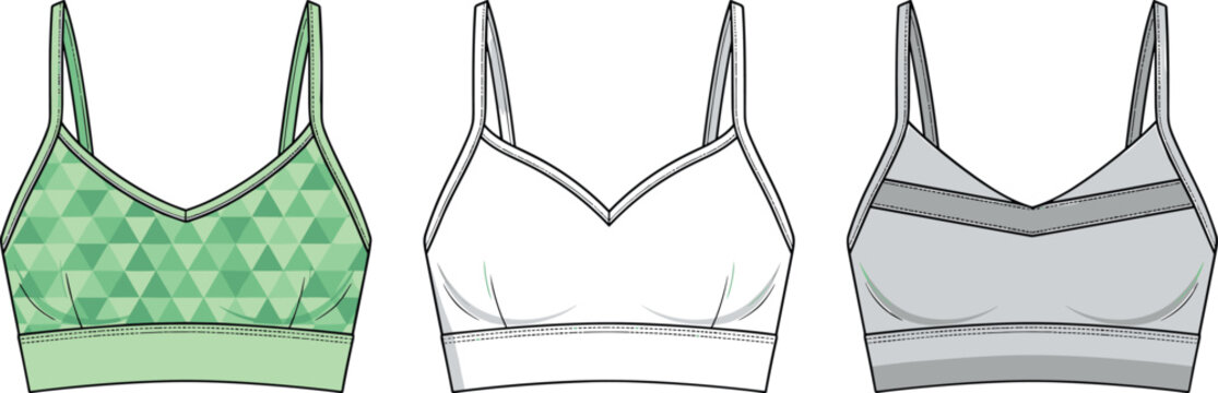 Technical Fashion Illustration Set of Women's Sports Bra and Bralette Designs Featuring Geometric Patterns and Solid Colors for Apparel Tech Packs and Design Templates.