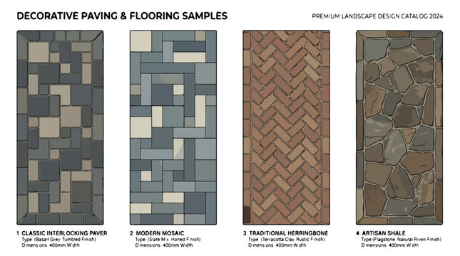 Decorative paving and flooring samples, landscape design catalog with interlocking pavers and herringbone brick, stone masonry vector set