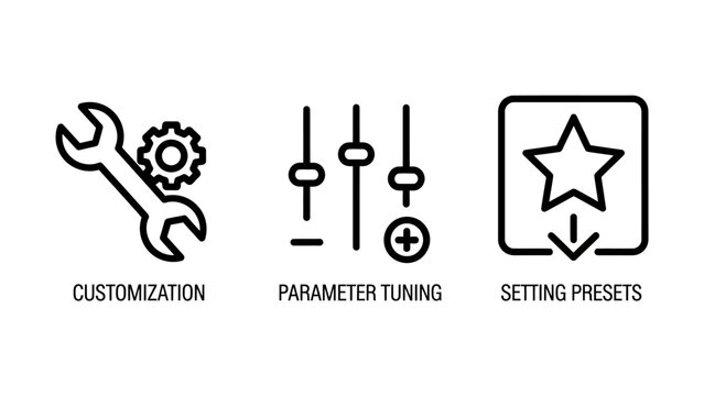 Customization parameter tuning and setting presets digital interface adjustment line icon set with customization interface settings adjustment configuration optimization parameters maintenance