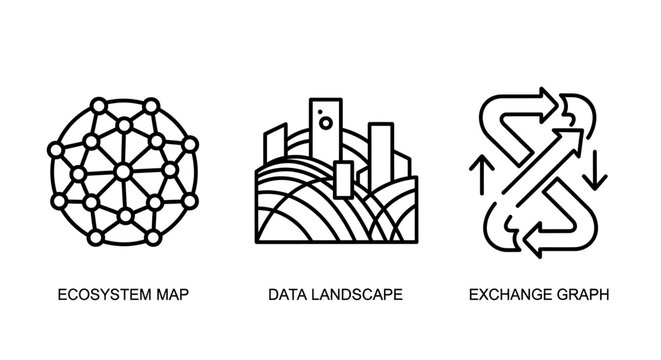 Business concepts icon set featuring ecosystem map data landscape and exchange graph business landscape exchange ecosystem analysis strategy management corporate structure connected