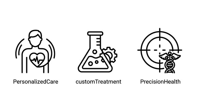 Set of personalized healthcare and medical precision treatment icons with care plan healthcare industry medical science health icons diagnostic tools treatment planning personalized treatment