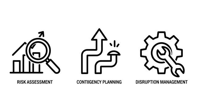 Business risk assessment and contingency planning icons with assessment contingency planning management disruption business strategy analysis magnifying development solution operational