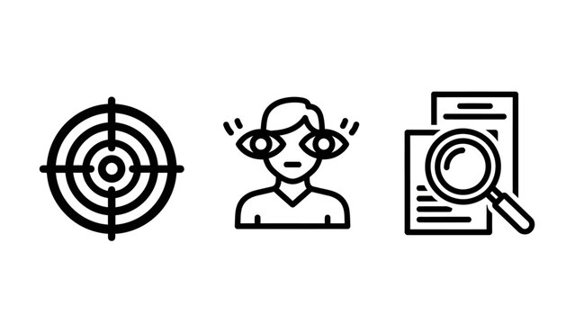 Set of minimalist icons representing targets eye tracking document analysis with tracking document analysis magnifying research graphics business strategy investigation marketing information