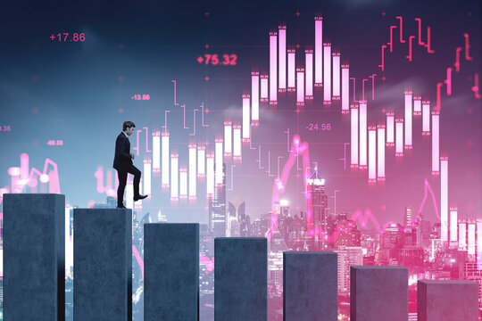 Business man climbing concrete bars with pink financial chart ov