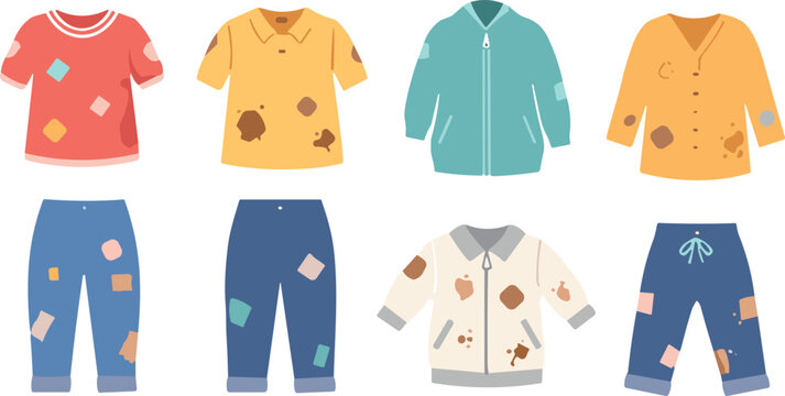 Flat Vector Icon Set of Dirty and Worn Children's Clothing Featuring Shirts, Jackets, and Pants with Mud Stains, Dust, and Colorful Patches for Laundry and Mending Concepts.