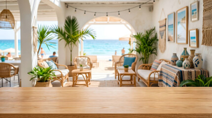Fototapeta premium Empty wooden tabletop background with blurred luxury coastal beach resort patio interior for product display
