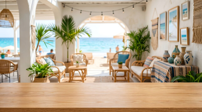 Empty wooden tabletop background with blurred luxury coastal beach resort patio interior for product display