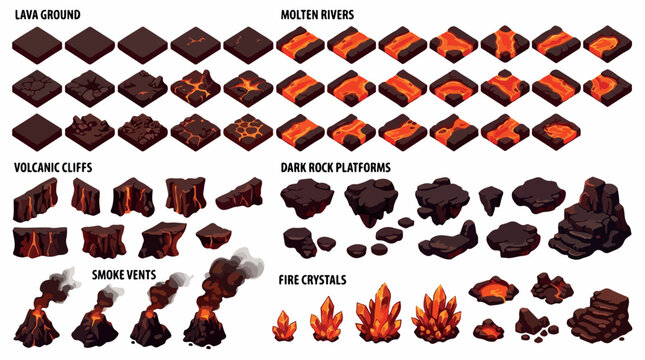 Isometric lava game assets, volcanic environment tileset with molten rivers and dark rock platforms, fire crystals and smoke vents vector collection