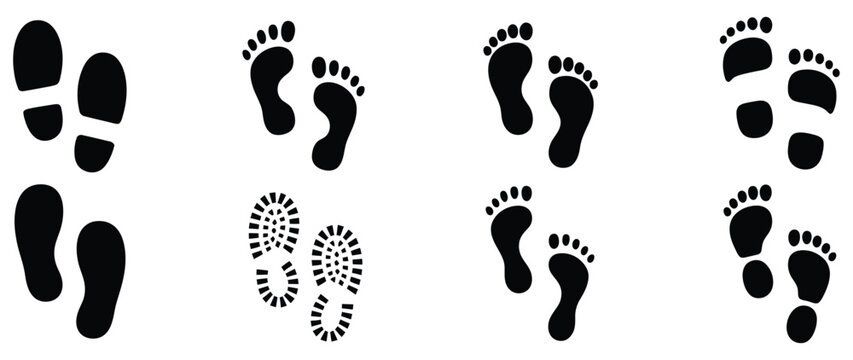 Footprint and shoe print icons set human footprints shoe boot sole silhouettes tracking path trail navigation marking icons a vector