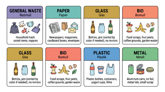 Waste sorting recycling labels set, bilingual English and German trash categorization icons, eco-friendly garbage management stickers for bins
