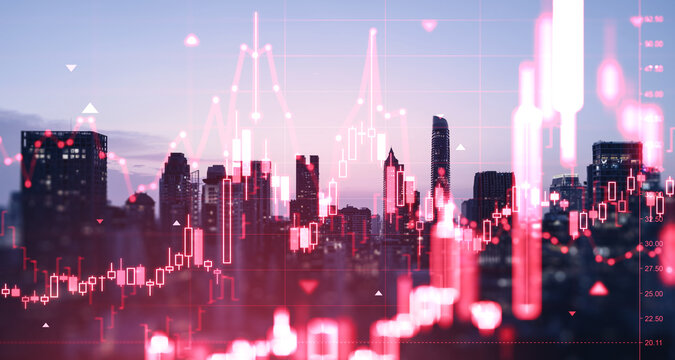 Dynamic red candlestick forex chart overlay on city skyline at dusk showing volatile market movement and future business crisis trends.