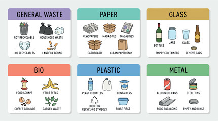 Obraz premium Waste sorting recycling labels set, 6 colorful informative stickers for trash separation, eco-friendly garbage management icons vector collection