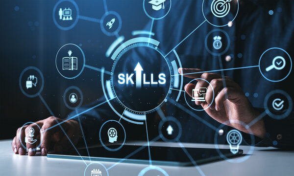 Digital skills development interface with hand interacting on futuristic icons in a modern business technology environment with glowing elements background.