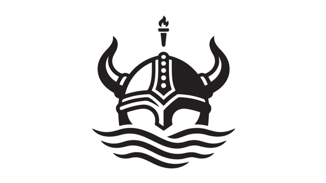 Helmet with trident and flames symbol, Viking warrior emblem with waves in bold black vector style featuring Nordic, Norse mythology, raider with