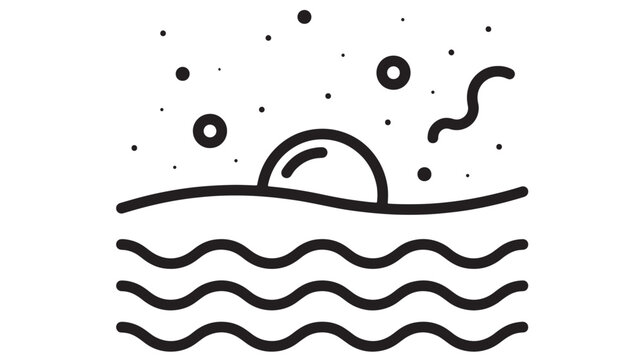 Ocean waves icon with diving whale silhouette, bubbles and star-like dots on white background featuring sea, surfing, marine with splash and foam