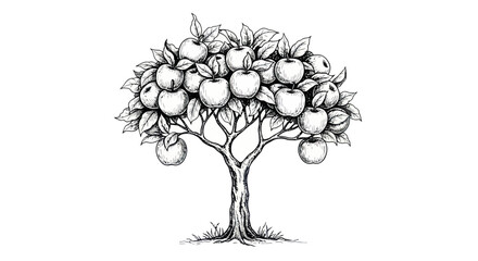 Hand Drawn Apple Tree with Ripe Fruits and Leaves, Sketch Illustration © tempe
